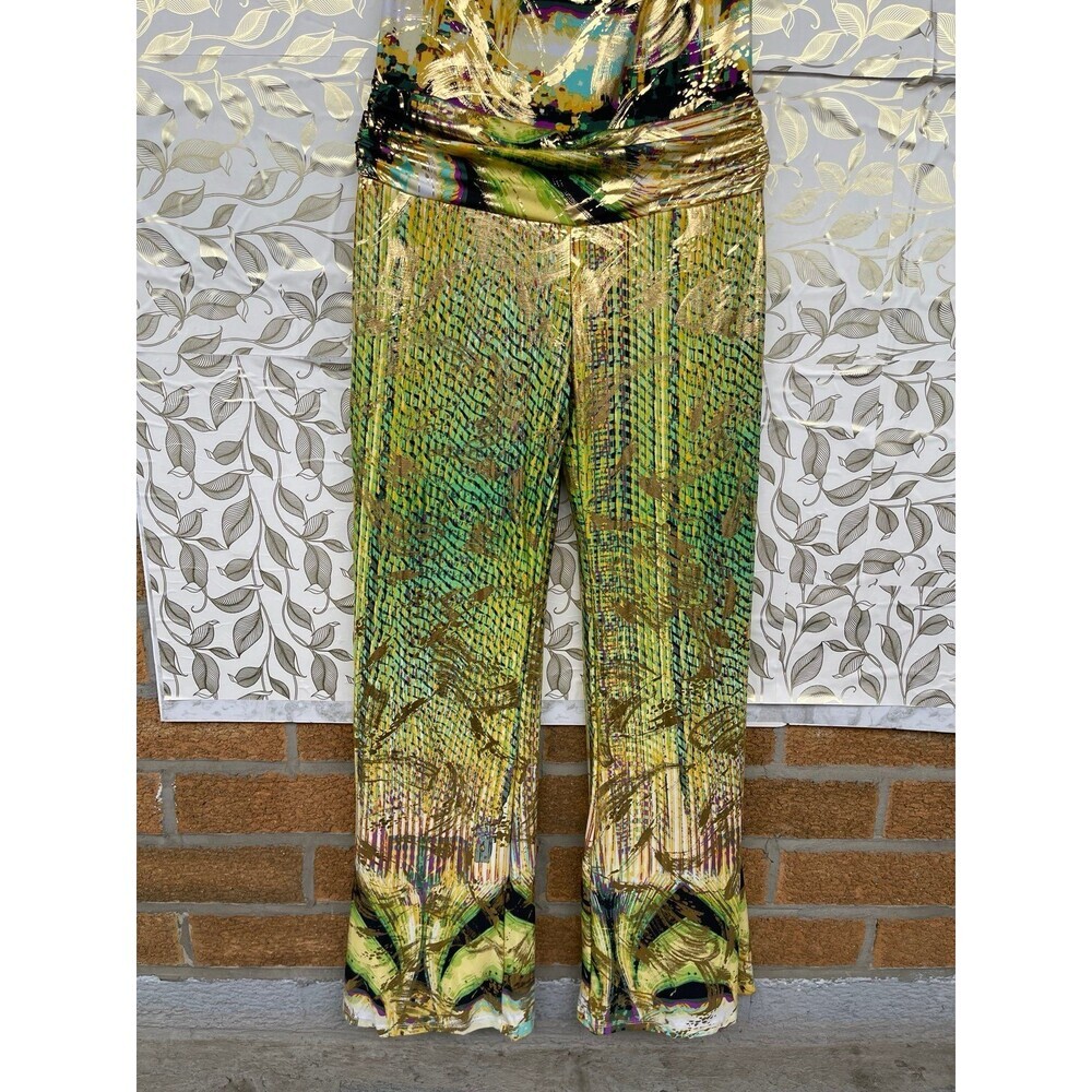 VavaVoom Gold Metallic Halter Jumpsuit Green Y2K Cyber Glam Wide Leg Open Back M - Picture 5 of 11